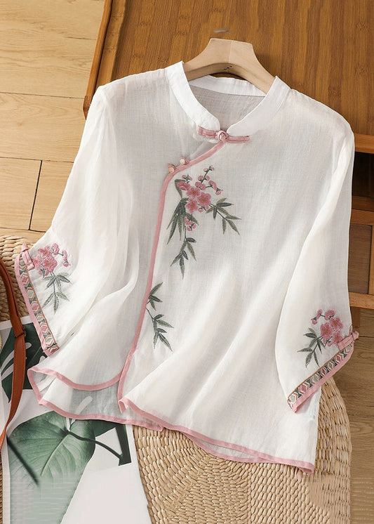 White Stand Collar Embroidered Linen Shirt Bracelet Sleeve