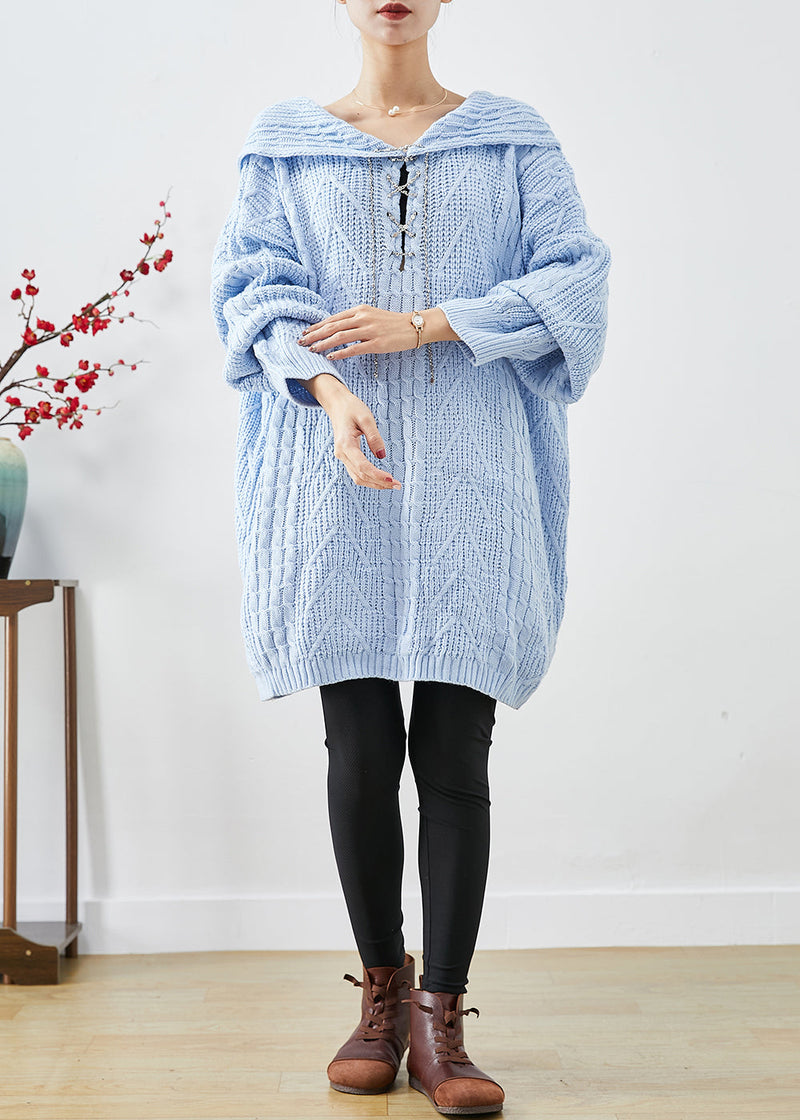 Sky Blue Hooded Oversized Knit Sweater Dress Fall