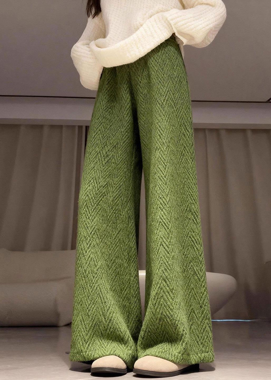 Green Elastic Waist Warm Fleece Straight Pants Spring
