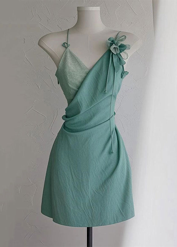 New Green V Neck High Waist Cotton Spaghetti Strap Dress Sleeveless Summer