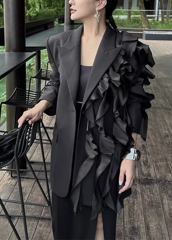 French Black Notched Asymmetrical Coats Long Sleeve