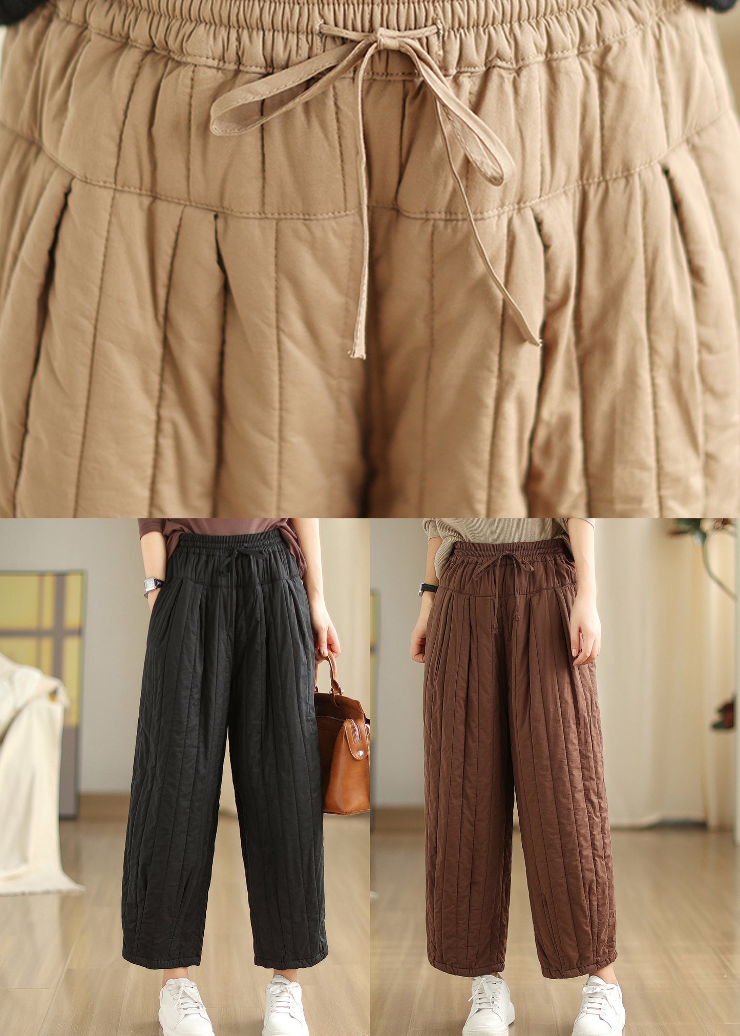 Khaki Pockets Fine Cotton Filled Pants Elastic Waist Winter