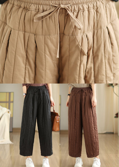 Khaki Pockets Fine Cotton Filled Pants Elastic Waist Winter