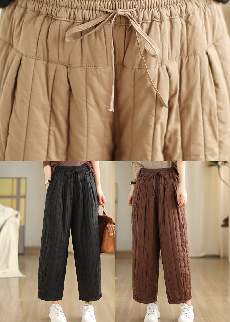 Khaki Pockets Fine Cotton Filled Pants Elastic Waist Winter