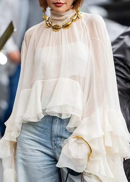 Beige Hign Neck Ruffled Patchwork Tulle Top Flare Sleeve