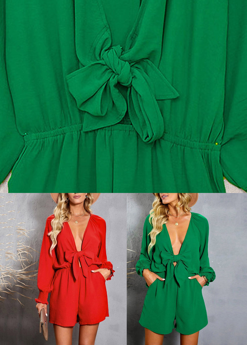 Red V Neck Patchwork Jumpsuit Fall