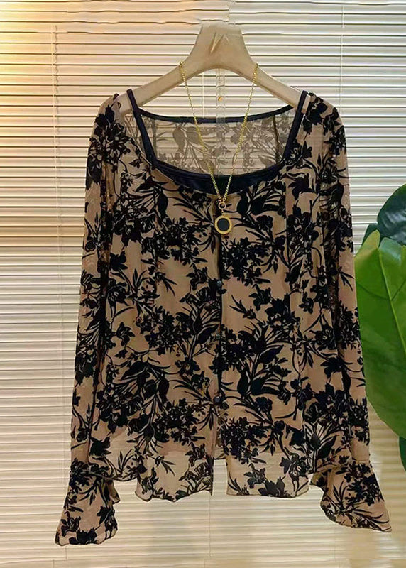 Novelty Black Hollow Out Button Tank and Shirts Two Pieces Set Flare Sleeve