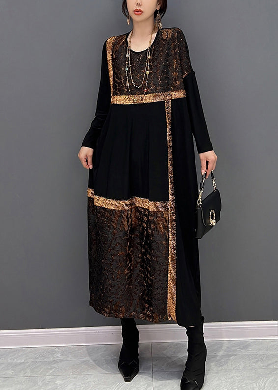 Black O-neck Print Patchwork Cotton Maxi Dresses Fall