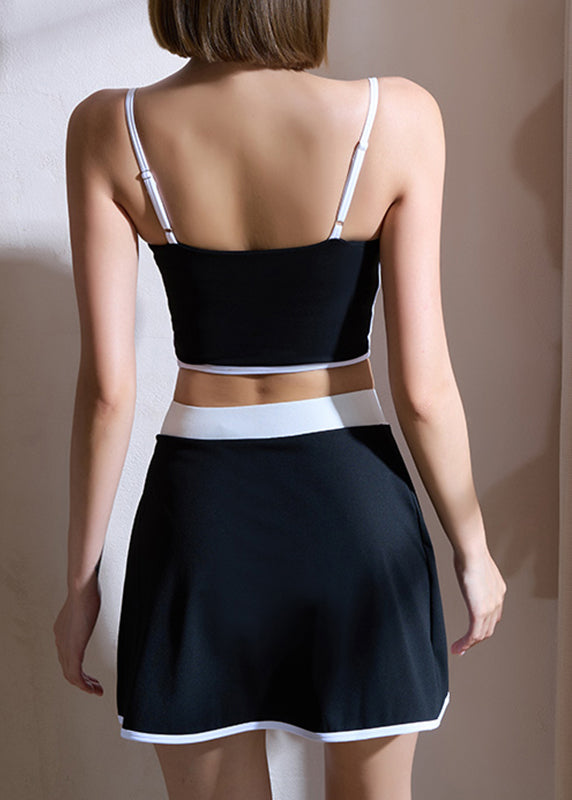 Black Patchwork High Waist Sports Bra and Skirts Set Suit