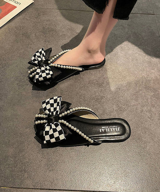 Slide Sandals Black Splicing Plaid Bow Nail Bead
