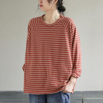 Diy Red Cotton Crane Tops Striped Cotton Spring Sweatshirt