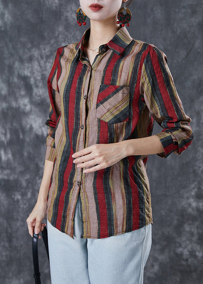 Red Peter Pan Collar Striped Linen Shirt Top Fall