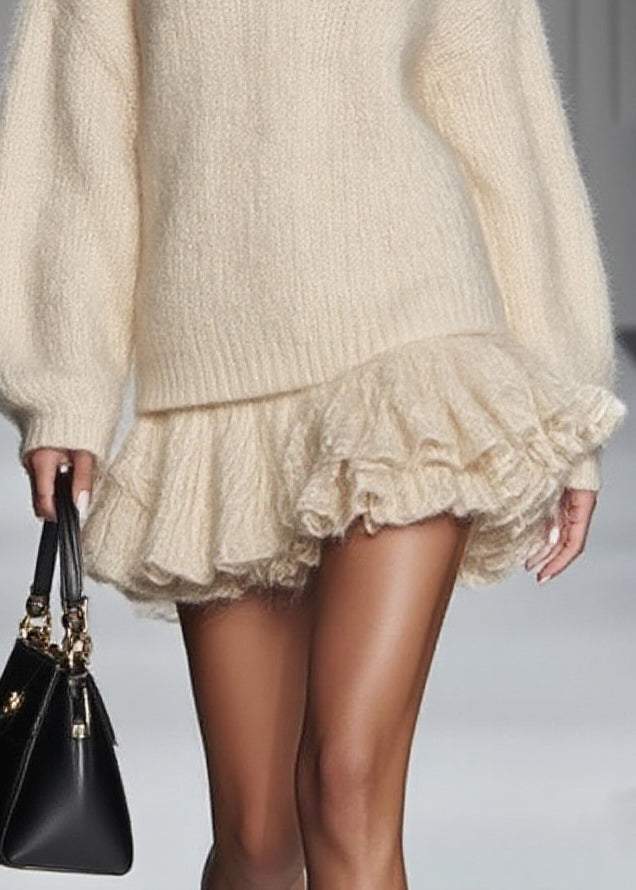 White Oversized Warm Knit Sweater and Skirt Two Pieces Set Spring