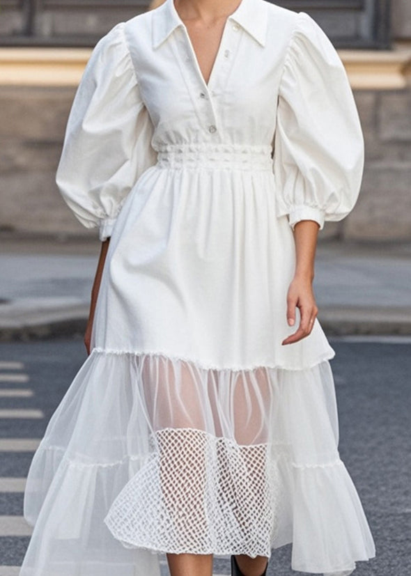 White Puff Sleeve Patchwork Tulle Cotton Party Dress Spring
