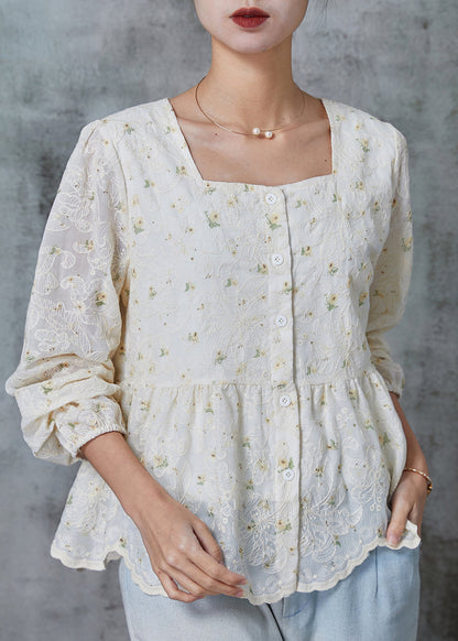 White Square Collar Embroidered Cotton Tops Spring