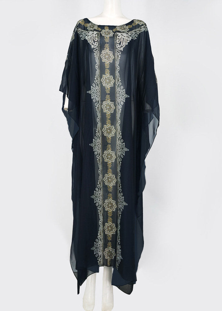 Black O-neck Print Chiffon Maxi Dresses Summer