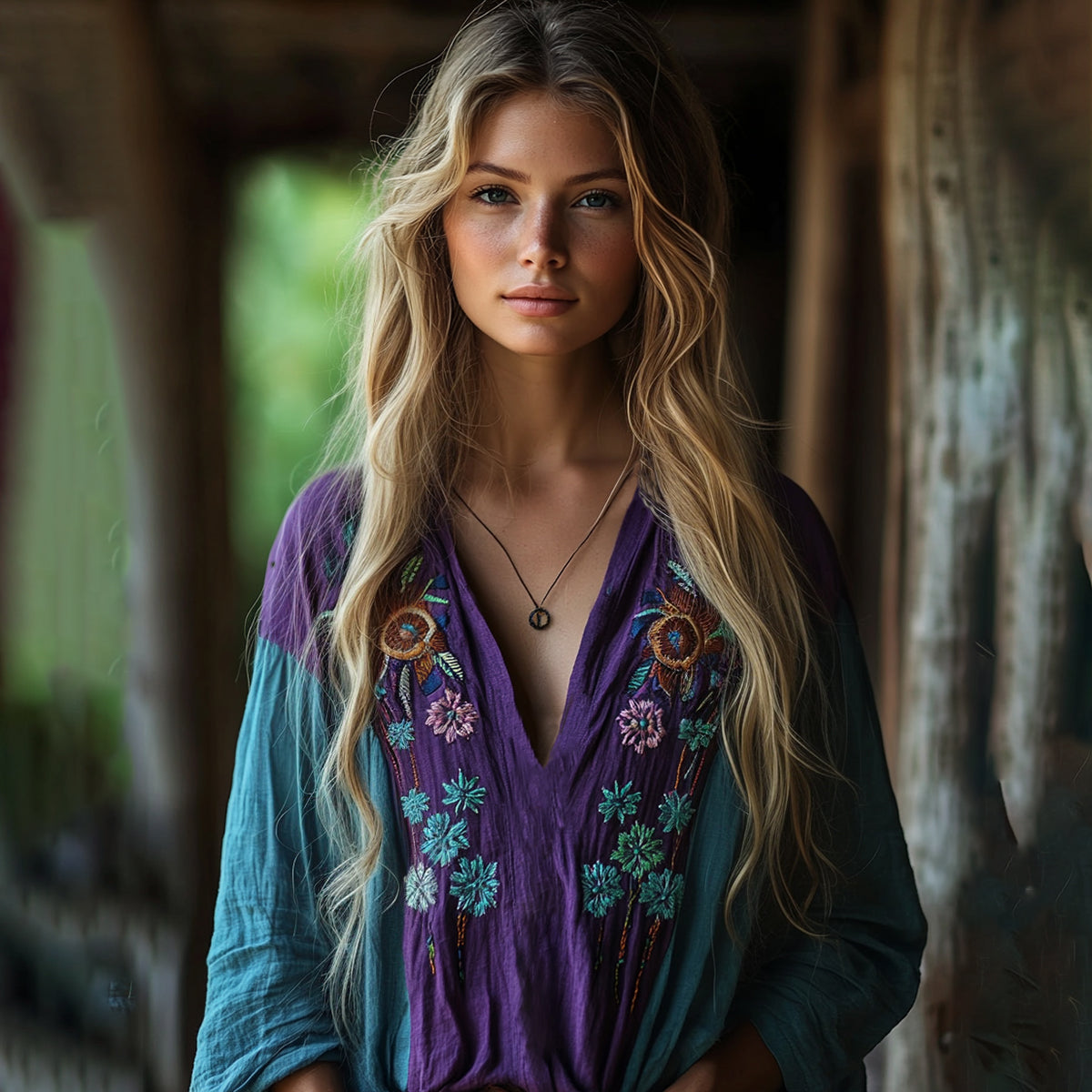 Comstylish Retro Boho Tribal Floral Art Embroidery Print Cotton And Linen V-neck Loose Shirt