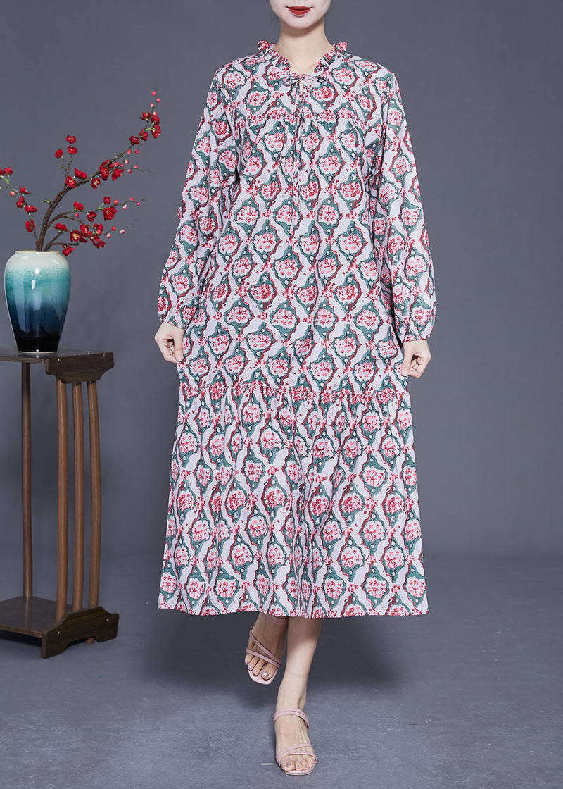 Diy Ruffled Lace Up Print Silk Long Dress Spring