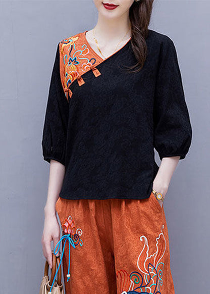 Handmade White V Neck Embroideried Button Top Half Sleeve