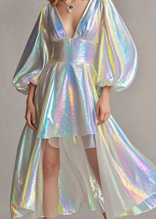 Modern Pearl White Deep-v Neck Low High Design Sequins Dresses Lantern Sleeve