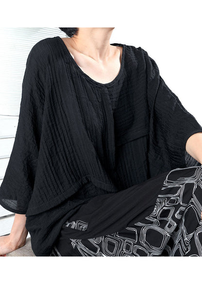 Black O-neck Wrinkled Blouses Half Sleeve