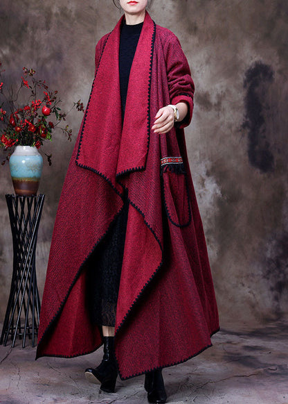 Red Peter Pan Collar Asymmetrical Design Pockets Cashmere Coats Spring