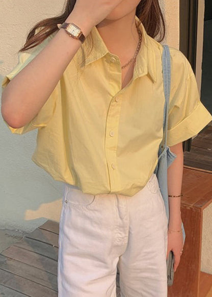 Yellow Button Cotton Summer Shirt Peter Pan Collar