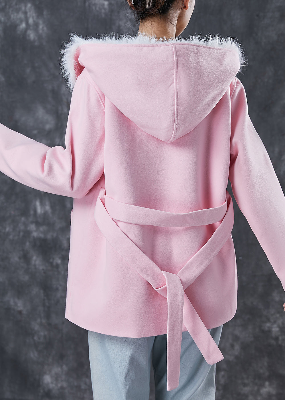 Pink Hooded Pockets Fuzzy Fox Lined Woolen Coat Winter