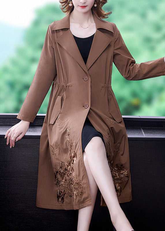 Khaki Spandex Cinch Trench Coat Notched Collar Fall