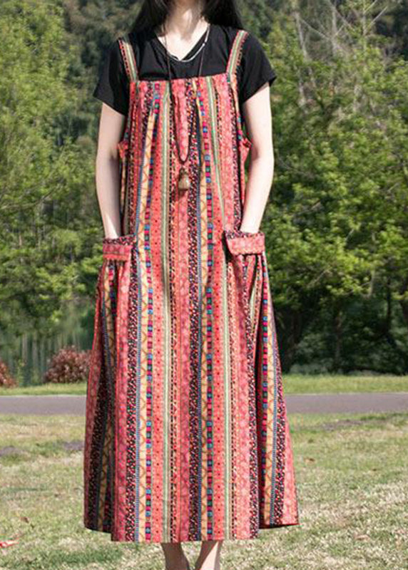 Red Slash Neck Maxi Striped Patchwork Spaghetti Dress Summer