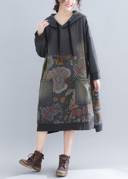Grey Sweatshirt Dresses Hooded Drawstring Pockets Spring