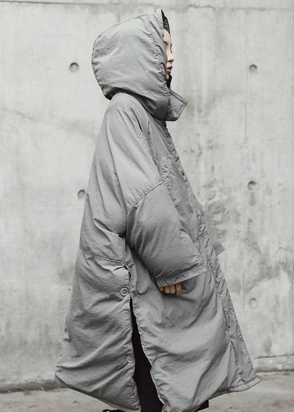 Grey Hooded Pockets Side Open Thick Winter Cotton Coat