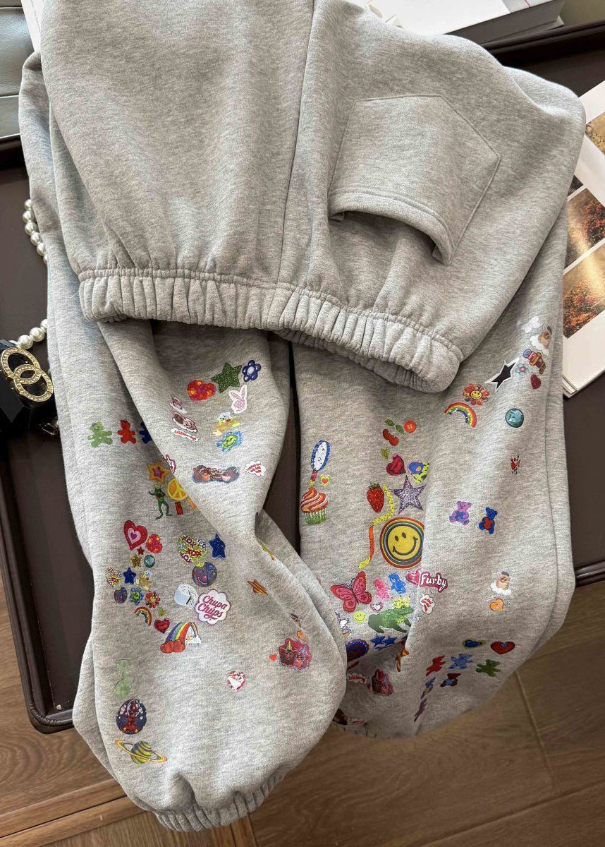 Loose Grey Print Elastic Waist Cotton Beam Pants Spring