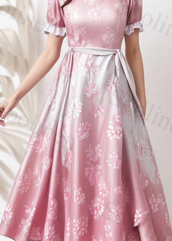 Unique Gradient Pink Ruffled Print Loose Silk Dresses Summer