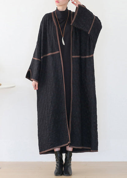 Black V Neck Patchwork Woolen Trench Coats Long Sleeve