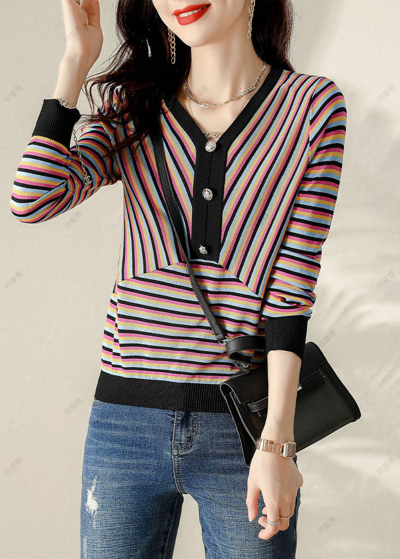 V Neck Striped Patchwork Shirt Spring