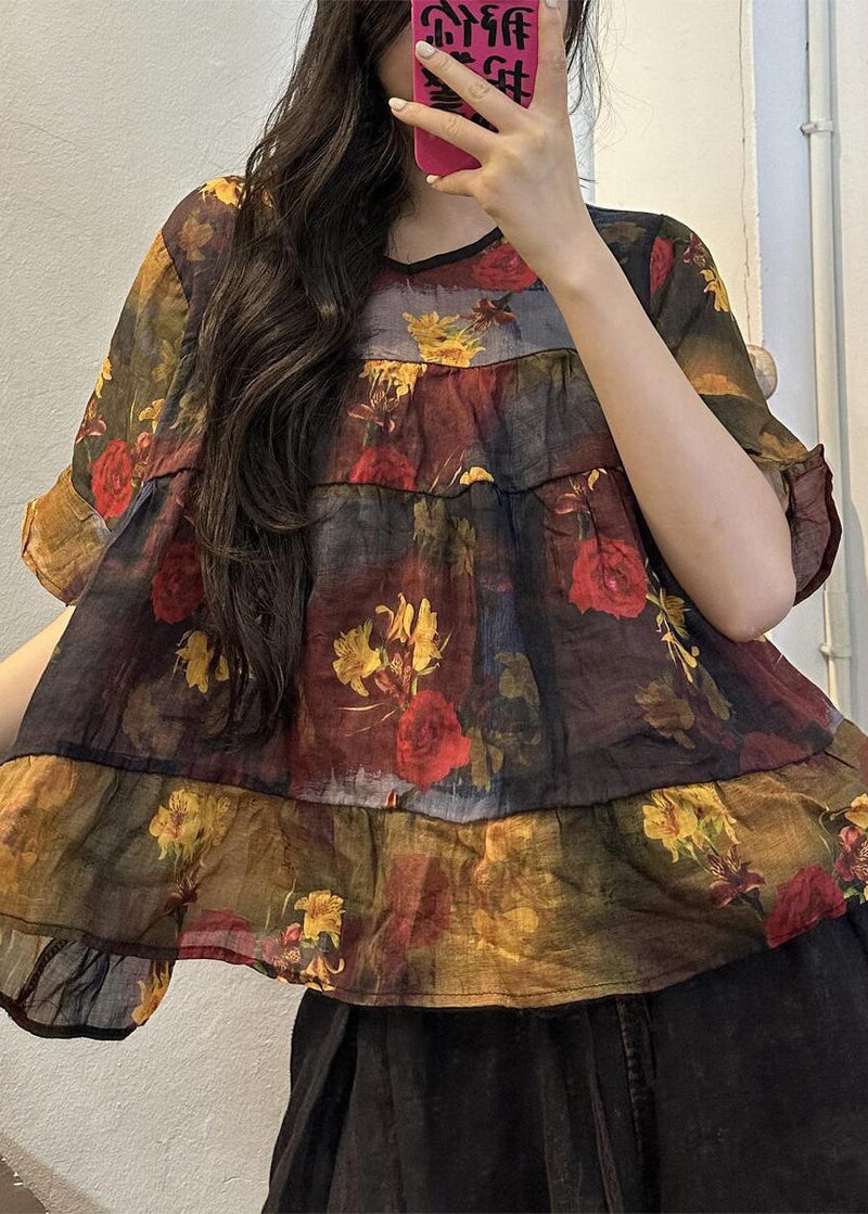 Loose Yellow O-neck Print Patchwork Linen Blouse Summer