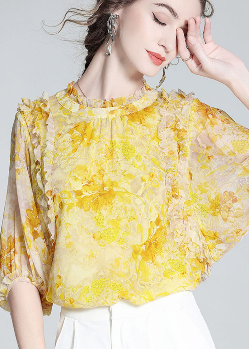 Yellow Ruffled Print Silk Blouse Tops Bracelet Sleeve