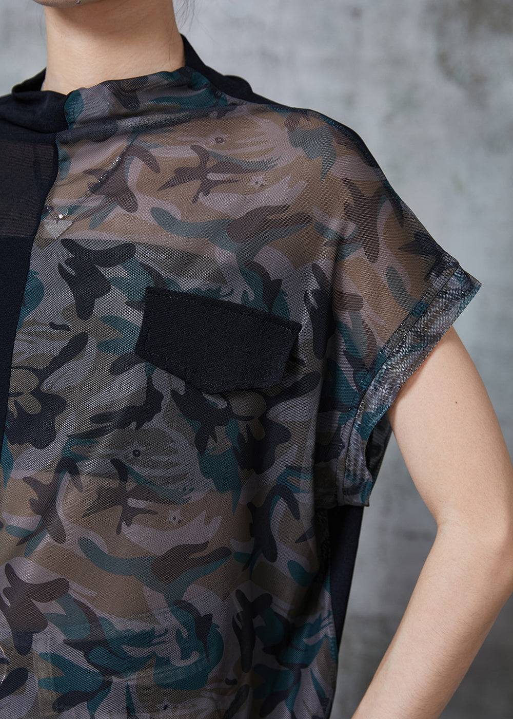 Black Stand Collar Patchwork Camouflage Tulle Tanks Summer