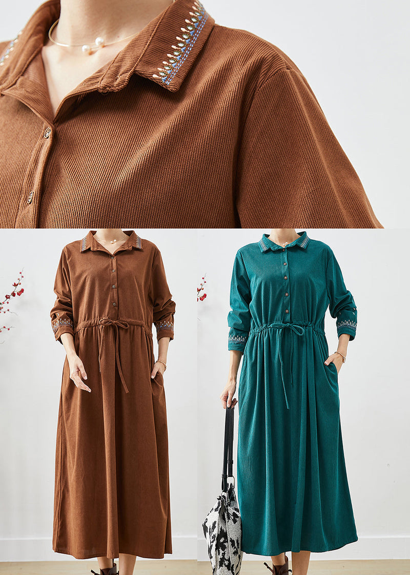 Blackish Green Embroideried Corduroy Cinched Dresses Fall