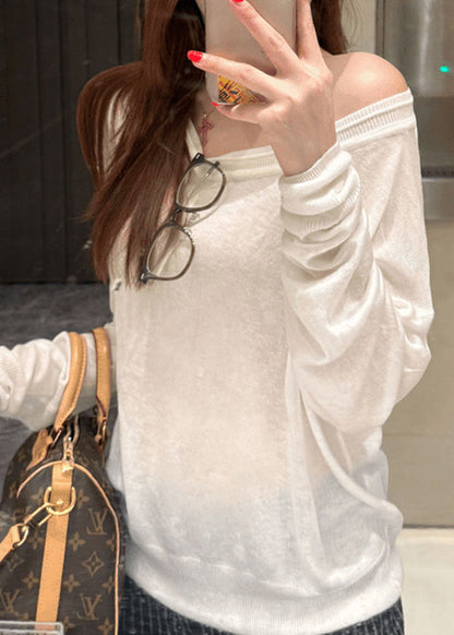 Unique Orange Asymmetrical Design Patchwork Thin Cotton Knit Top Fall
