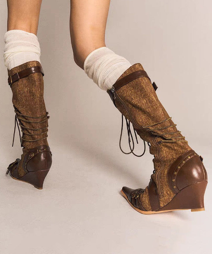 European and American New Brown Strap Zipper Western Cowboy Boots