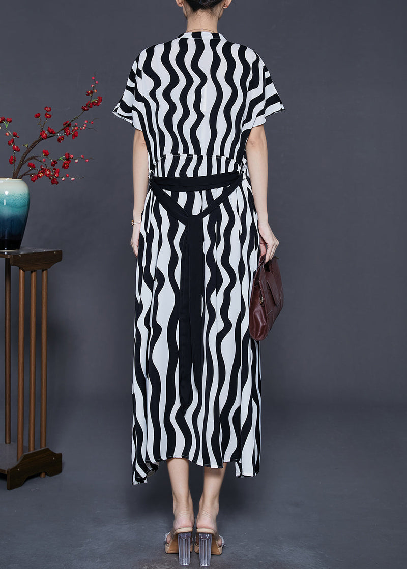 Black V Neck Striped Chiffon Dress Summer
