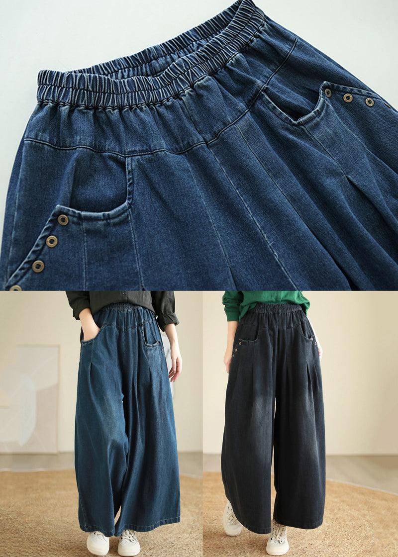 Denim Blue Pockets Elastic Waist Flare Pants Fall