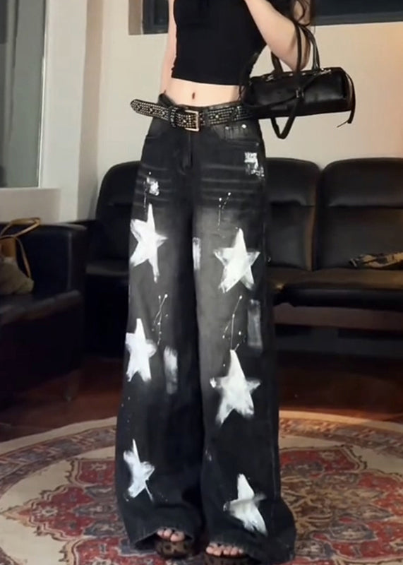 Black Five Pointed Star High Waist Denim Wide Leg Pants Fall