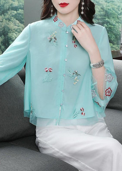 Chinese Style Light Green Stand Collar Embroideried Chiffon Shirts Bracelet Sleeve