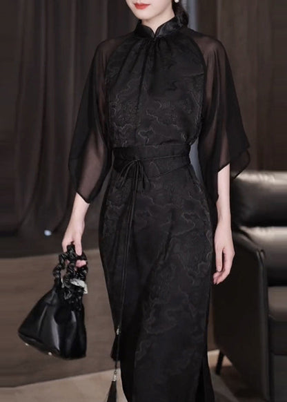 Black Stand Collar Jacquard Patchwork Silk Dresses Fall