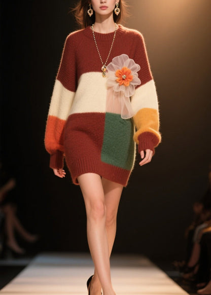 Colorblock O Neck Knit Dress Winter