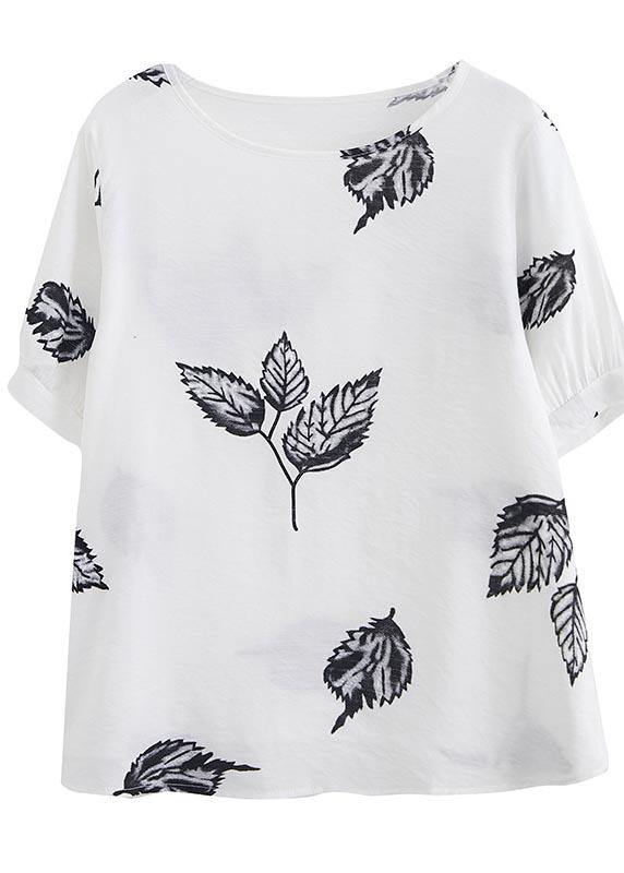 White Print Leaf Shirt Tops Summer Cotton Linen