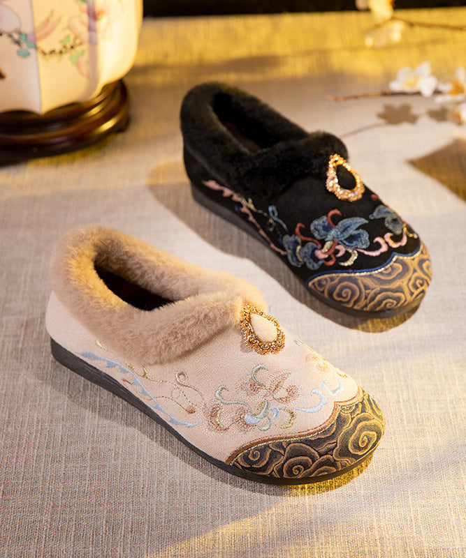 Embroidery Flat Feet Shoes Black Fuzzy Wool Lined